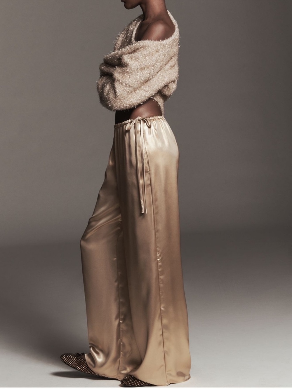 Nwt Maeve Satin Wide-Leg Drawstring Pants in Champagne Gold